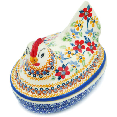 Polish Pottery Hen Shaped Jar 7&quot; Summer Bouquet UNIKAT