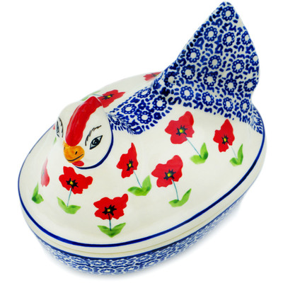 Polish Pottery Hen Shaped Jar 7&quot; Wind-blown Poppies