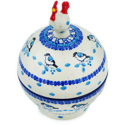 Polish Pottery Hen Shaped Jar 7&quot; Winter Sparrow