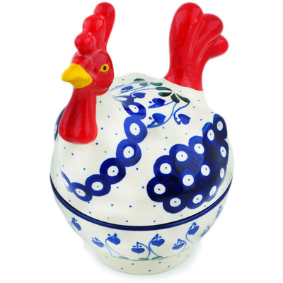 Polish Pottery Hen Shaped Jar 8&quot; Bleeding Heart Peacock