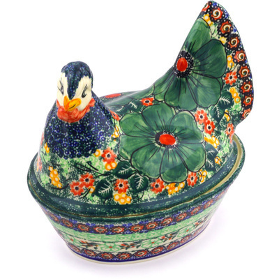 Polish Pottery Hen Shaped Jar 8&quot; Bloom &amp; Wild UNIKAT