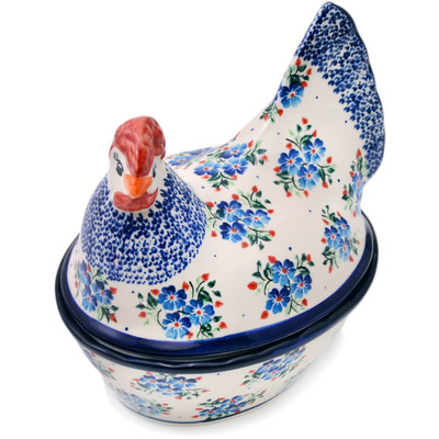 Polish Pottery Hen Shaped Jar 8&quot; Blue Bunches UNIKAT