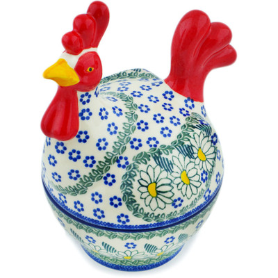 Polish Pottery Hen Shaped Jar 8&quot; Crazy Daisy