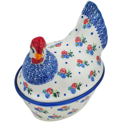 Polish Pottery Hen Shaped Jar 8&quot; Dancing Flowers UNIKAT