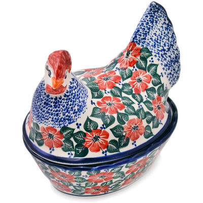 Polish Pottery Hen Shaped Jar 8&quot; Poppies Meadow UNIKAT