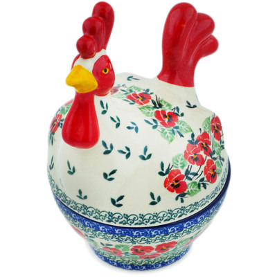 Polish Pottery Hen Shaped Jar 8&quot; Red Pansy
