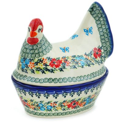 Polish Pottery Hen Shaped Jar 8&quot; Ring Of Flowers UNIKAT