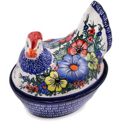 Polish Pottery Hen Shaped Jar 8&quot; Summertime Blues UNIKAT