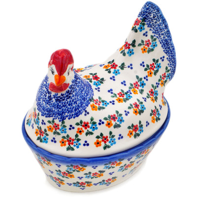 Polish Pottery Hen Shaped Jar 8&quot; Sweet Clusters UNIKAT