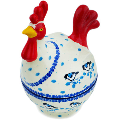 Polish Pottery Hen Shaped Jar 8&quot; Winter Sparrow