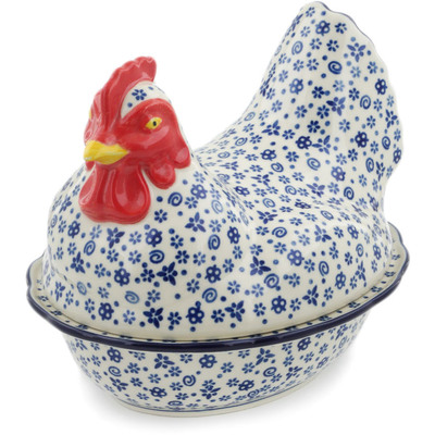 Polish Pottery Hen Shaped Jar 9&quot; Blue Confetti