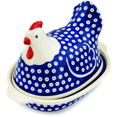 Polish Pottery Hen Shaped Jar 9&quot; Blue Eyed Peacock
