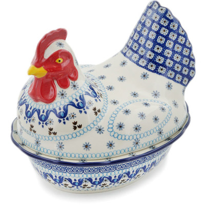 Polish Pottery Hen Shaped Jar 9&quot; Blue Ice