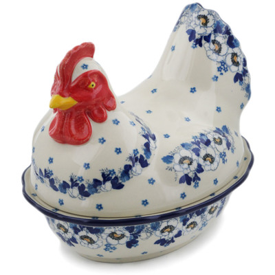 Polish Pottery Hen Shaped Jar 9&quot; Blue Spring