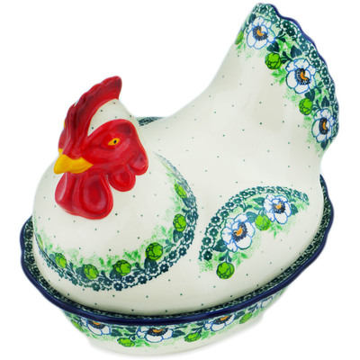 Polish Pottery Hen Shaped Jar 9&quot; Green Flora