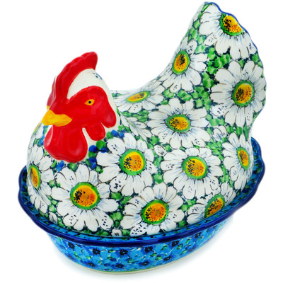 Polish Pottery Hen Shaped Jar 9&quot; Pansies And Daisies UNIKAT