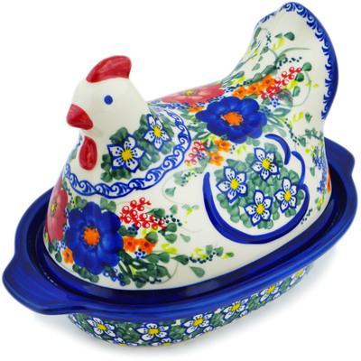 Polish Pottery Hen Shaped Jar 9&quot; Polish Garden UNIKAT