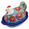 Polish Pottery Hen Shaped Jar 9&quot; Red Hibiscus UNIKAT