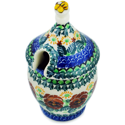 Polish Pottery Honey Jar 12 oz Brown Pansy UNIKAT