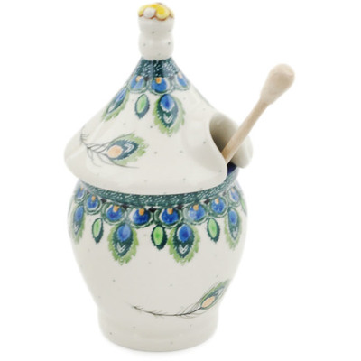 Polish Pottery Honey Jar 12 oz Peacock Feather