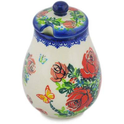 Polish Pottery Honey Jar 9 oz Fluttering Near The Roses UNIKAT