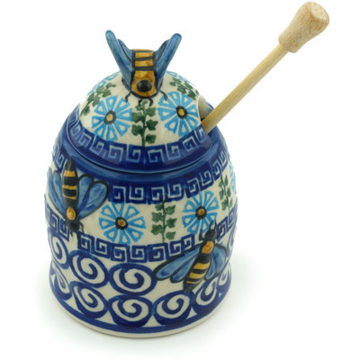 Polish Pottery Honey Jar with Dipper 5&quot; Aztec Blue