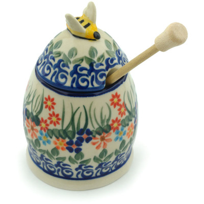 Polish Pottery Honey Jar with Dipper 5&quot; Blissful Daisy