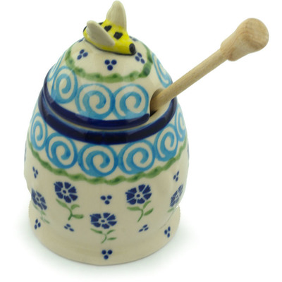 Polish Pottery Honey Jar with Dipper 5&quot; Blue Bursts