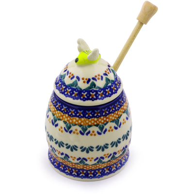 Polish Pottery Honey Jar with Dipper 5&quot; Blue Cress