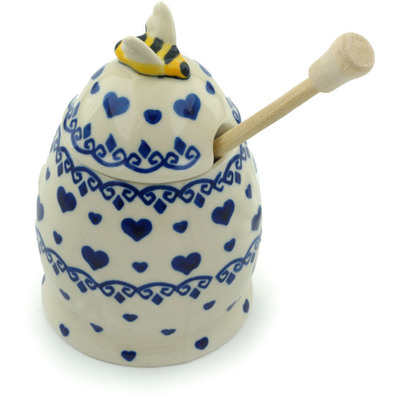 Polish Pottery Honey Jar with Dipper 5&quot; Blue Valentine Hearts