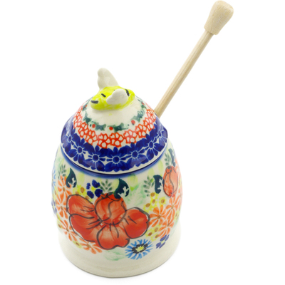 Polish Pottery Honey Jar with Dipper 5&quot; Bold Poppies UNIKAT