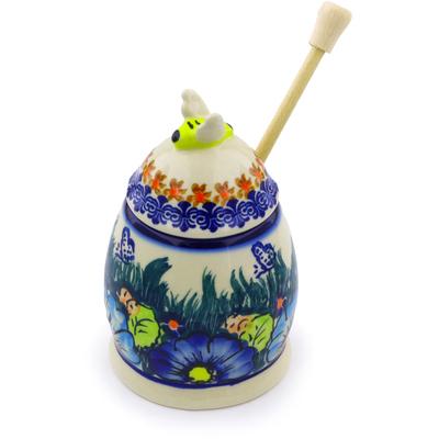 Polish Pottery Honey Jar with Dipper 5&quot; Butterfly Splendor UNIKAT