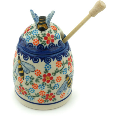 Polish Pottery Honey Jar with Dipper 5&quot; Country Drive