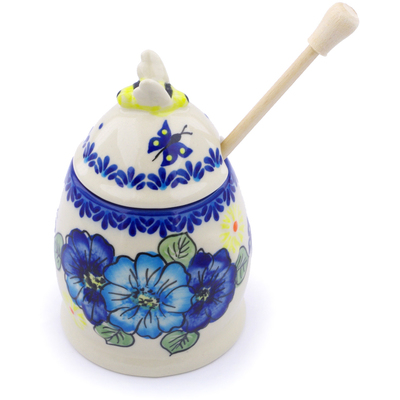 Polish Pottery Honey Jar with Dipper 5&quot; Endless Summer UNIKAT