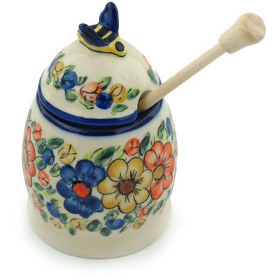 Polish Pottery Honey Jar with Dipper 5&quot; Fall Garden UNIKAT