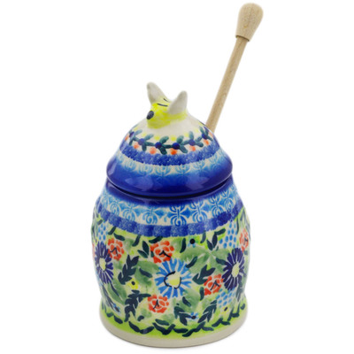 Polish Pottery Honey Jar with Dipper 5&quot; Flor-de-lis UNIKAT