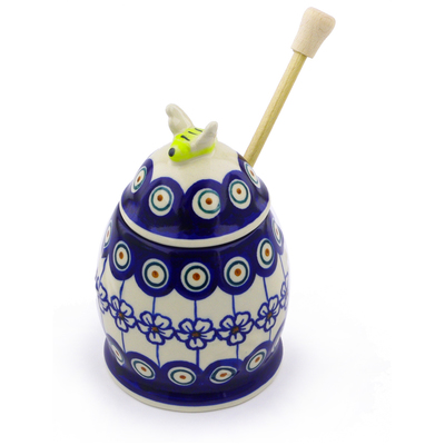 Polish Pottery Honey Jar with Dipper 5&quot; Flowering Peacock