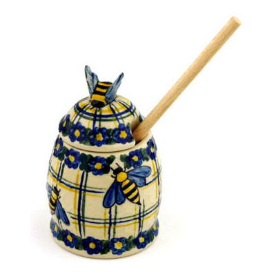 Polish Pottery Honey Jar with Dipper 5&quot;