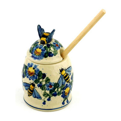 Polish Pottery Honey Jar with Dipper 5&quot;