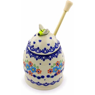 Polish Pottery Honey Jar with Dipper 5&quot; Hearts And Flowers