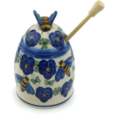 Polish Pottery Honey Jar with Dipper 5&quot; Honey Bee Blue