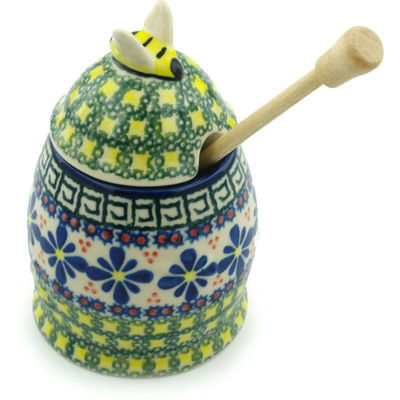 Polish Pottery Honey Jar with Dipper 5&quot; Irish Spring