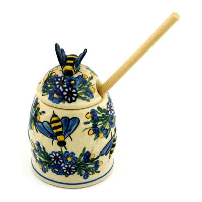 Polish Pottery Honey Jar with Dipper 5&quot; Magnificent Dream