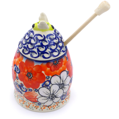 Polish Pottery Honey Jar with Dipper 5&quot; Poppy Passion