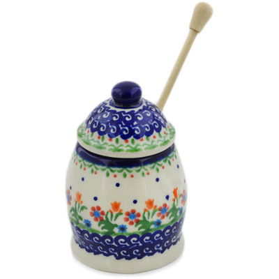 Polish Pottery Honey Jar with Dipper 5&quot; Spring Flowers
