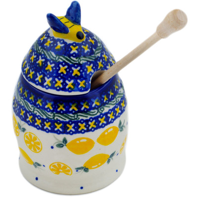 Polish Pottery Honey Jar with Dipper 5&quot; When Life Gives You Lemons