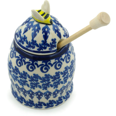Polish Pottery Honey Jar with Dipper 5&quot; Winter Blue