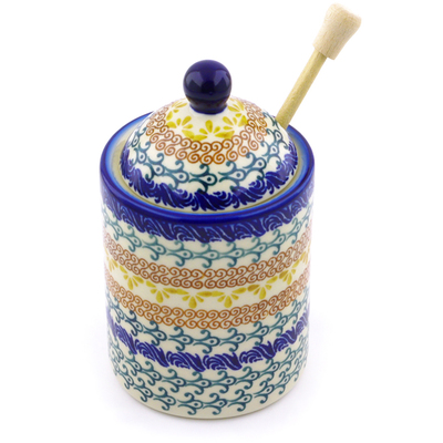 Polish Pottery Honey Jar with Dipper 6&quot; Autumn Swirls