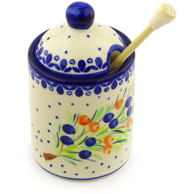 Polish Pottery Honey Jar with Dipper 6&quot; Berry Splash