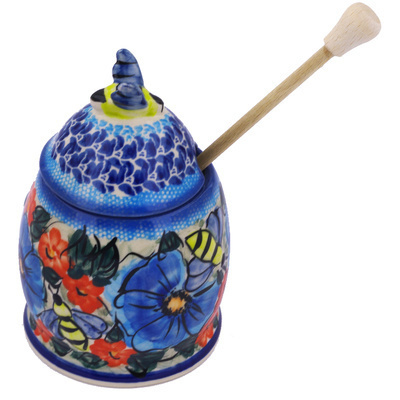 Polish Pottery Honey Jar with Dipper 6&quot; Blue As Your Eyes UNIKAT